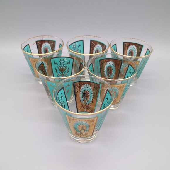 Vintage Dominion Glass Canada | Gold and Aqua Peacock Glasses (Set of 8) - Picture 8 of 9